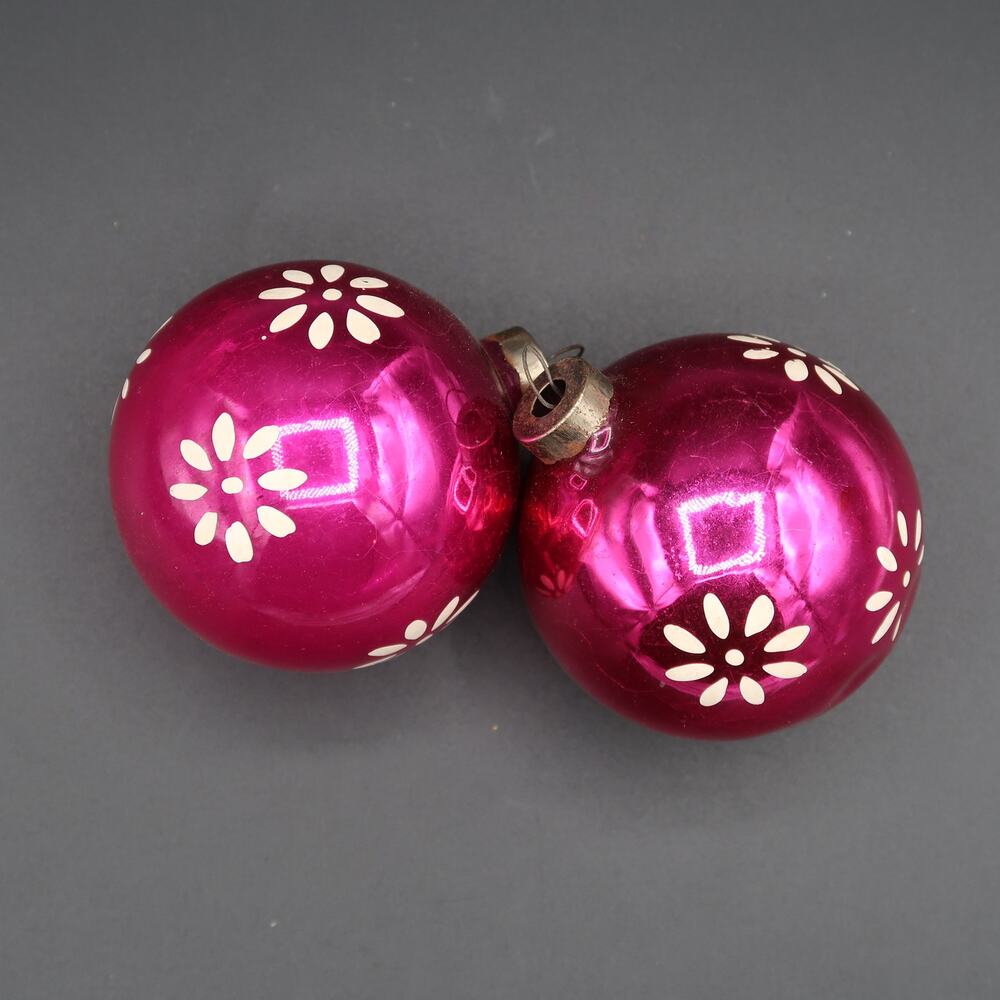 Shiny Brite Mercury Glass Christmas Ornaments Stenciled Set of 2 Vintage 1940s